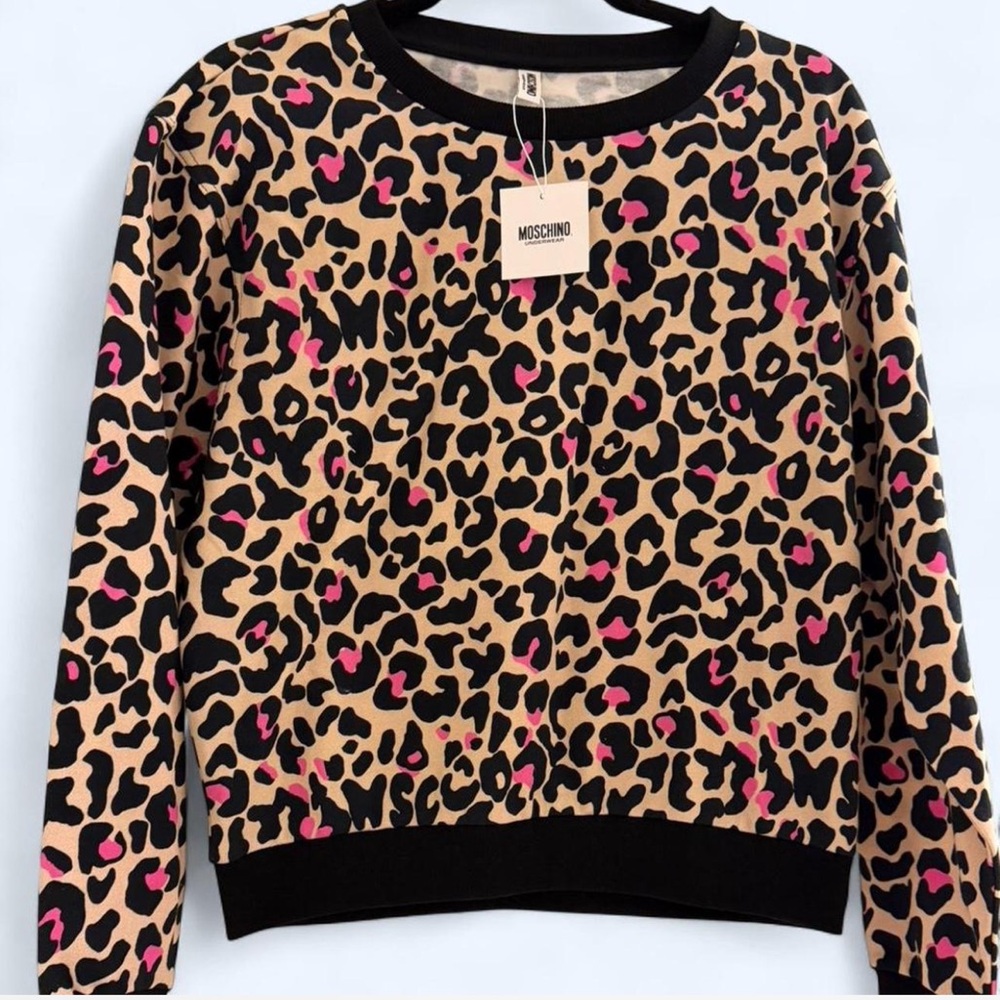 NWT Moschino Leopard Logo Print Sweatshirt Sweater Pink Black S